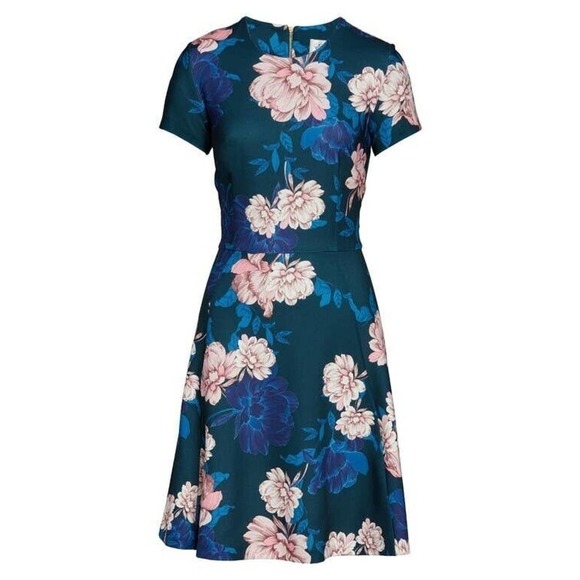 Eliza J Size 6 Dress Fit & Flare Pine Floral Jewel Neck Stretch Short Sleeves - Picture 2 of 13